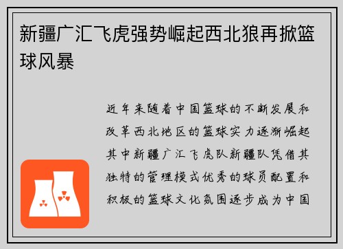 新疆广汇飞虎强势崛起西北狼再掀篮球风暴