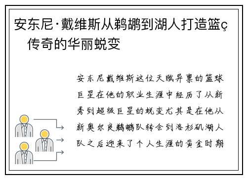 安东尼·戴维斯从鹈鹕到湖人打造篮球传奇的华丽蜕变